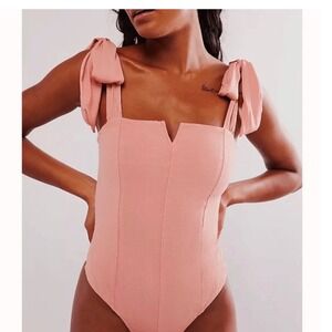 Free People Bodysuit Women‎ XS Pink Mauve Tie Shoulder Corset Boho Chic